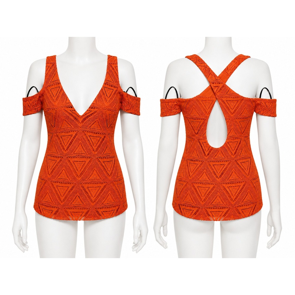bebe Womens M Orange Crochet Lace Cold Shoulder Cross Back Boho Top